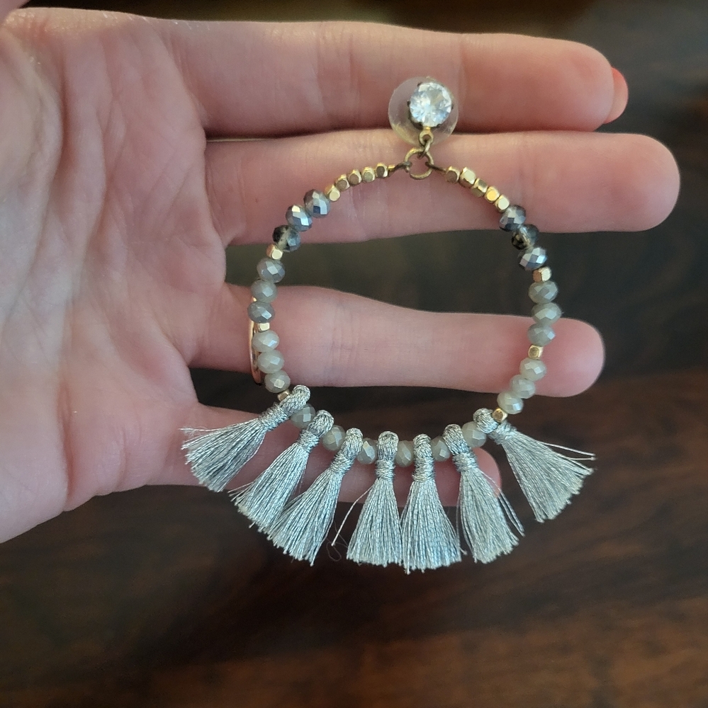 Elegant Silver Tassel Hoop Earrings - Picture 2 of 2